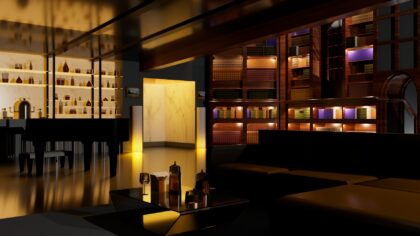 reproduction de l'appartement de la série Lucifer, un piano, un bar, une grande bibliothèque et un ascenseur