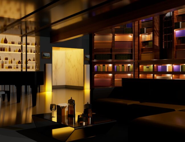 reproduction de l'appartement de la série Lucifer, un piano, un bar, une grande bibliothèque et un ascenseur