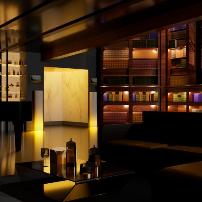 reproduction de l'appartement de la série Lucifer, un piano, un bar, une grande bibliothèque et un ascenseur