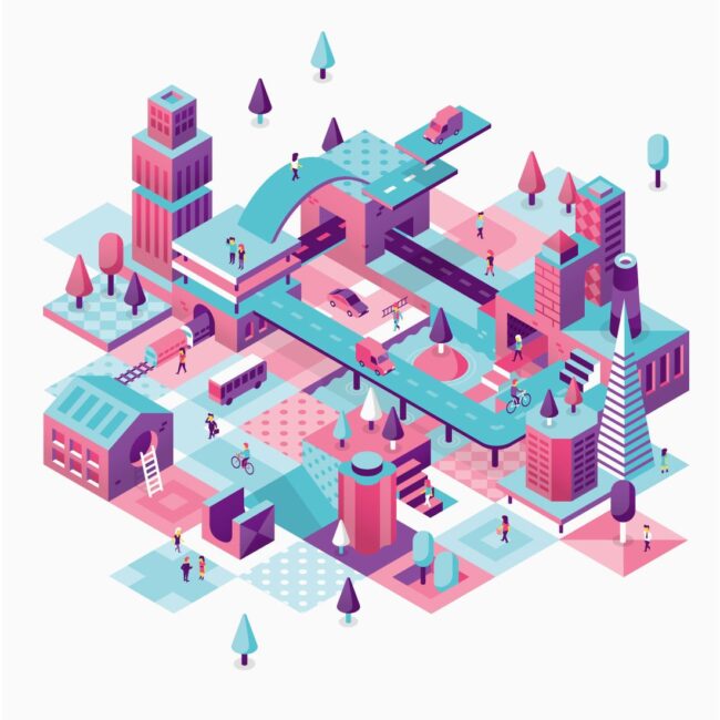 isométrie aux couleurs bleu et rose représentant une ville